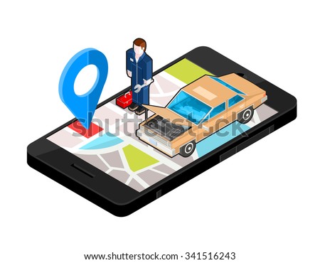 A vector illustration of an auto repair shop locater.
Icon illustration of a repair garage with mechanic on Mobile phone.
Wireless device with locater map app device.