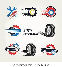 Vector illustration of auto service shop with car repair tools and icons