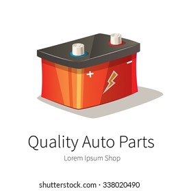 Vector illustration of auto spare parts. Battery, rechargeable cell accumulator. Car repair service and parts shop banner.