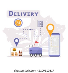 Vector Illustration Automated Car Delivers Food, Drinks. Online Order Home And Office Express Food Delivery Service By Robot Car. Navigation, Remote Control, Tracking Transport On Cell Phone