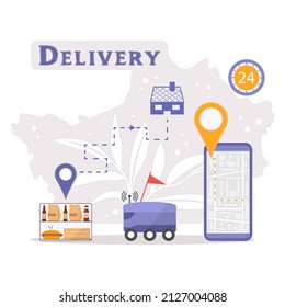 Vector illustration Automated car delivers food, drinks. Online Order Home and office Express Food delivery service by robot car. Navigation, remote control, tracking transport on cell phone