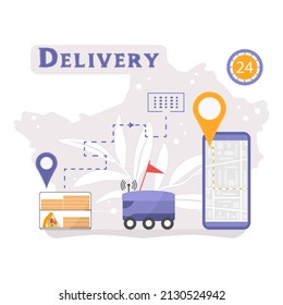 Vector Illustration Automated Car Delivers Food, Drinks. Online Order Home And Office Express Food Delivery Service By Robot Car. Navigation, Remote Control, Tracking Transport On Cell Phone