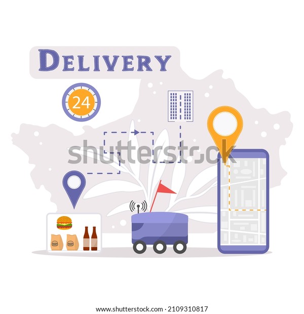 Vector\
illustration Automated car delivers food, drinks. Online Order Home\
and office Express Food delivery service by robot car. Navigation,\
remote control, tracking transport on cell\
phone