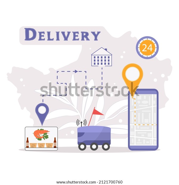 Vector\
illustration Automated car delivers food, drinks. Online Order Home\
and office Express Food delivery service by robot car. Navigation,\
remote control, tracking transport on cell\
phone