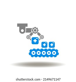 Vector Illustration Of Automated Conveyor Belt With Box, Medical Plus And Robot Manipulator. Icon Of Manufacture Pills, Drugs, Medical Products And Equipments. Symbol Of Pharmacy Medicine Production.