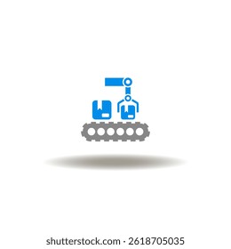 Vector illustration of automated conveyor or line belt and robotic manipulator with boxes. Symbol of mass production.