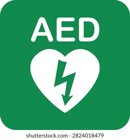 Vector illustration of an automated external defibrillator (AED) sign, clearly indicating the location of life-saving medical equipment in public or emergency settings.