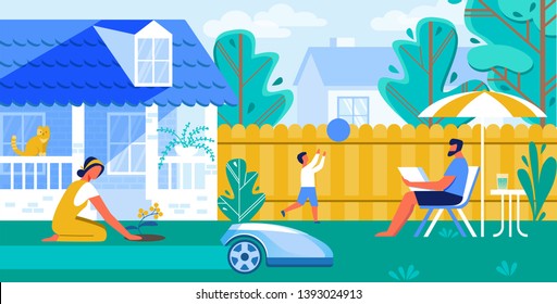 Vector Illustration Automated Lawn Mower Cartoon. Family is Resting in Yard, Robot Mows Lawn. Man Sits with Laptop Under an Umbrella from Sun. Woman Plants Flowers Near House Flat.