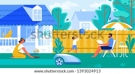 Vector Illustration Automated Lawn Mower Cartoon. Family is Resting in Yard, Robot Mows Lawn. Man Sits with Laptop Under an Umbrella from Sun. Woman Plants Flowers Near House Flat.