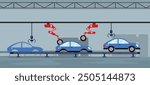 Vector illustration of an automated machine production line. Cartoon scene of a step-by-step assembly of a machine with an industrial robot adding elements to the machine: lights and wheels.