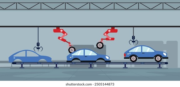 Vector illustration of an automated machine production line. Cartoon scene of a step-by-step assembly of a machine with an industrial robot adding elements to the machine: lights and wheels.