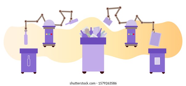 Vector illustration Automated robot sorting garbage on white background Waste sorting management artificial intelligence concept Recycling Eco friendly green city Flat style Design for website, print