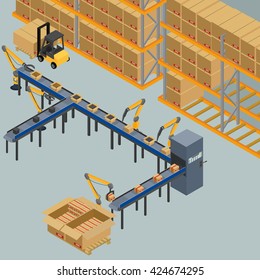 vector illustration. automatic belt conveyor,  production line. robots shift boxes, packaging. isometric, infographics, 3D