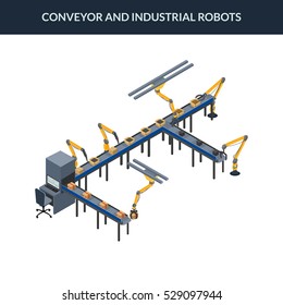 vector illustration. Automatic conveyor line with industrial robots. Packaging line with boxes. isometric. 3D.