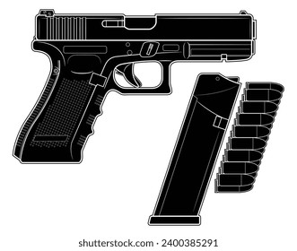 Ilustración vectorial de la pistola automática, la revista y los cartuchos sobre el fondo blanco. Negro. Del lado derecho.