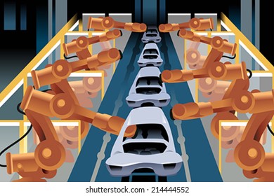 A Vector Illustration Of Automobile Assembly Line