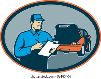 vector illustration of a Automobile car repair mechanic with clipboard set inside an oval.