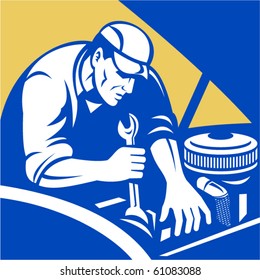 vector illustration of a Automobile car repair mechanic with spanner set inside a square format.