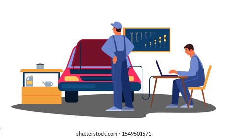 Vector illustration of automobile got fixed in car service. Mechanic in uniform check a vehicle and repair it. Car service worker check accumulator