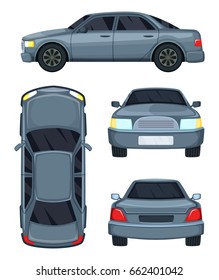 Vector illustration of automobile. Top side, front and back views