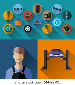 Vector Illustration of  automotive spare parts  icon with avatar mechanic.