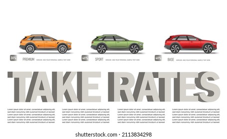 Vector illustration of automotive take rates concept with colorful car models.