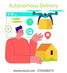 Vektorgrafik einer autonomen Lieferdrohne, die ein Paket trägt. Eine Person interagiert mit einer digitalen Schnittstelle, die Lieferverfolgung und Logistik anzeigt. Betont Innovation und Effizienz.