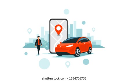 Vector illustration of autonomous online car sharing service controlled via smartphone app. Phone with location mark and smart car with modern city skyline. Isolated connected vehicle remote parking.  - Shutterstock ID 1534706735