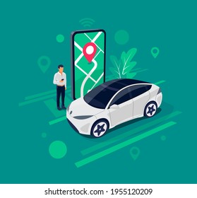 Vektorgrafik eines autonomen Online-Autoverleihdienstes, der über Smartphone-App gesteuert wird. Modernes Telefon mit Ortsmarke und intelligenter Fahrt teilen sich Elektroautos. Angeschlossenes Fahrzeug-Fernparkplatz. 