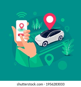 Ilustración vectorial del servicio autónomo de uso compartido de coches en línea controlado a través de la aplicación para smartphones. Manos sosteniendo el teléfono con marca de ubicación y auto inteligente. Aparcamiento remoto aislado de vehículos conectados. 