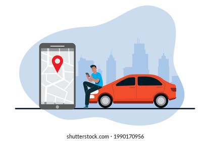 Ilustración vectorial del servicio autónomo de uso compartido de coches en línea controlado a través de la aplicación para smartphones. Teléfono con ubicación