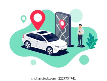 Ilustración vectorial del servicio autónomo de uso compartido de coches en línea controlado a través de la aplicación para smartphones. Teléfono con marca de ubicación y automóvil moderno. Aparcamiento aislado de control remoto de datos de vehículos conectados.