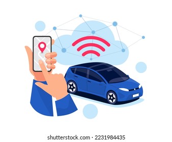 Vector illustration of autonomous online car sharing service controlled via smartphone app. Phone location mark and modern automobile. Isolated connected vehicle remote data cloud monitoring parking.