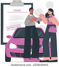 Vector illustration of autonomous online car sharing service controlled via smartphone app. Phone with location mark and smart car with modern city skyline. Isolated connected vehicle remote parking.