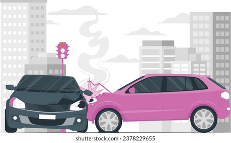Vector illustration of autonomous online car sharing service controlled via smartphone app. Phone with location mark and smart car with modern city skyline. Isolated connected vehicle remote parking.