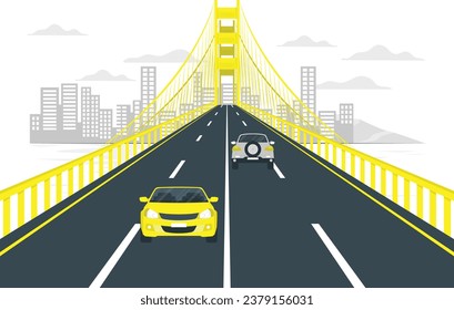 Vector illustration of autonomous online car sharing service controlled via smartphone app. Phone with location mark and smart car with modern city skyline. Isolated connected vehicle remote parking.