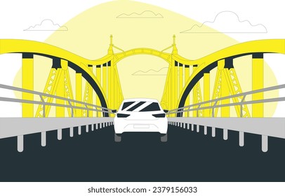 Ilustración vectorial del servicio autónomo de uso compartido de coches en línea controlado a través de la aplicación para smartphones. Teléfono con marca de ubicación y auto inteligente con moderno perfil urbano. Aparcamiento remoto aislado de vehículos conectados.