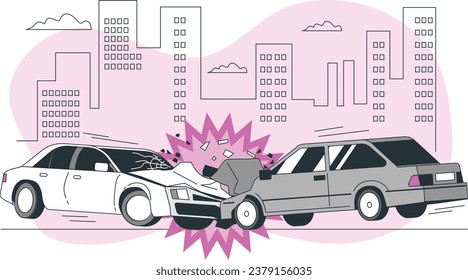 Vector illustration of autonomous online car sharing service controlled via smartphone app. Phone with location mark and smart car with modern city skyline. Isolated connected vehicle remote parking.