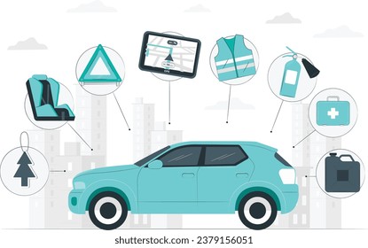 Vector illustration of autonomous online car sharing service controlled via smartphone app. Phone with location mark and smart car with modern city skyline. Isolated connected vehicle remote parking.