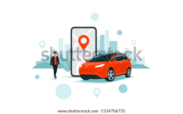 Vector illustration of autonomous online car sharing\
service controlled via smartphone app. Phone with location mark and\
smart car with modern city skyline. Isolated connected vehicle\
remote parking. 