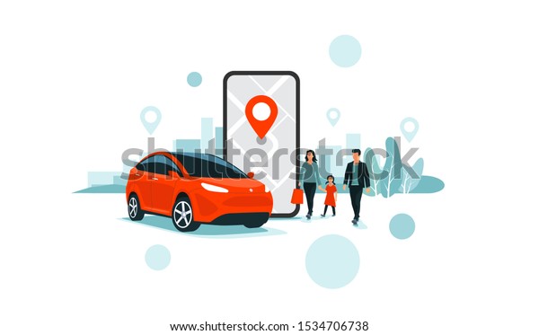 Vector illustration of autonomous online car sharing
service controlled via smartphone app. Phone with location mark and
smart family car in modern city skyline. Connected vehicle remote
parking. 