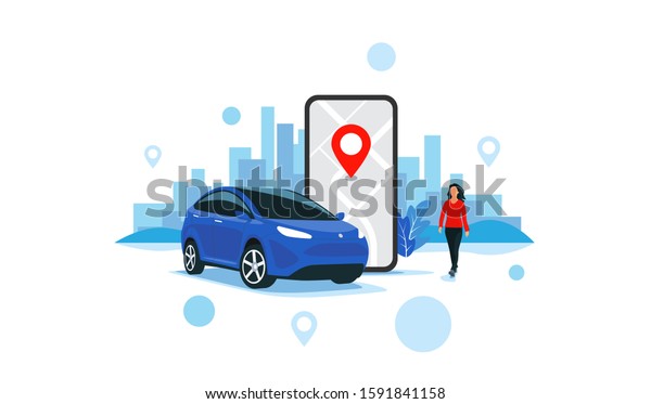 Vector illustration of autonomous online car sharing\
service controlled via smartphone app. Phone with location mark and\
smart car with modern city skyline. Isolated connected vehicle\
remote parking. 
