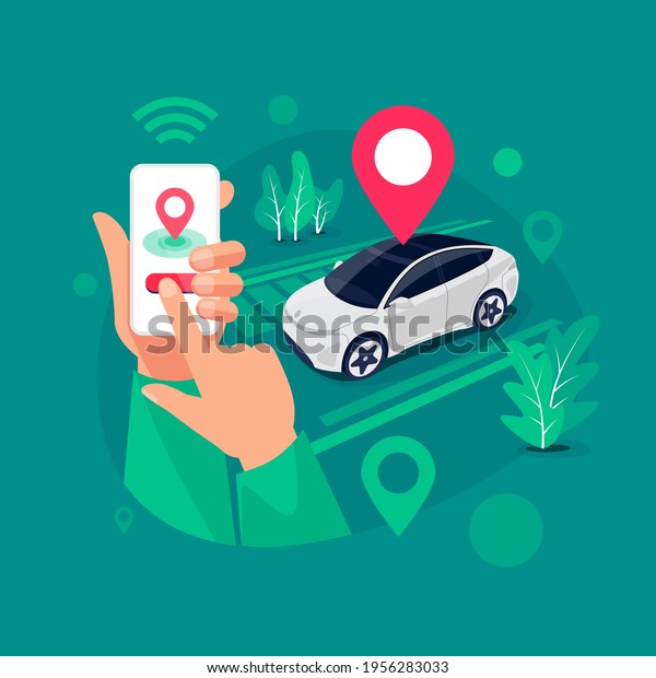 Vector illustration of autonomous online car sharing\
service controlled via smartphone app. Hands holding phone with\
location mark and smart car. Isolated connected vehicle remote\
parking. 
