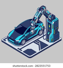 Vector illustration of an autonomous robotic arm precisely connecting a fast charging plug into an electric car charging port without human intervention.