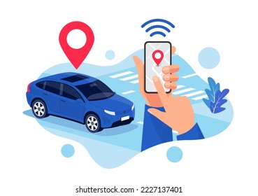 Vector illustration of autonomous wireless parking remote connected electric car controlled via smartphone app. Hands holding smart mobile phone map location pin in modern city. Ride sharing service.