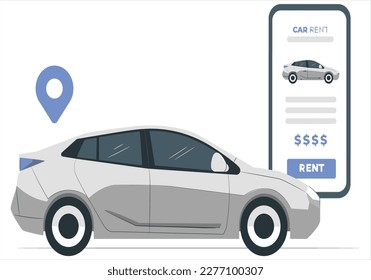Vektorgrafik des autonomen drahtlosen Parkplatzes Remote-Auto-Sharing-Service gesteuert über Smartphone-App. Smartphone-Location kennzeichnet intelligentes Elektroauto in der modernen City Skyline.