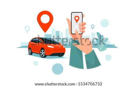 Vector illustration of autonomous wireless parking remote connected car sharing service controlled via smartphone app. Hands holding phone location mark of smart electric car in modern city skyline.