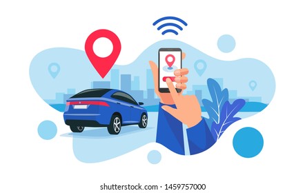 Vector illustration of autonomous wireless remote connected car sharing service controlled via smartphone app. Hands holding phone with location mark of smart electric car in the modern city skyline.