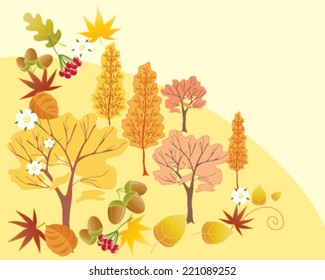 vector illustration of an autumn abstract design with colorful trees leaf and berries on a pale yellow background