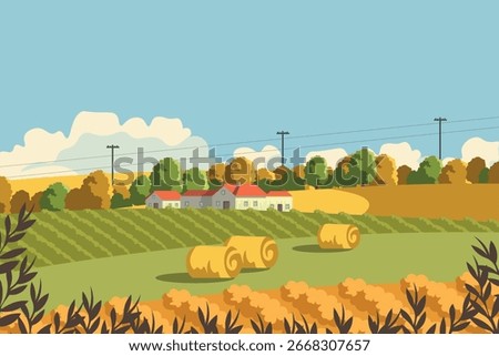 Vector illustration. Autumn background, agricultural harvest. Nature, village. Banner, background, cover.